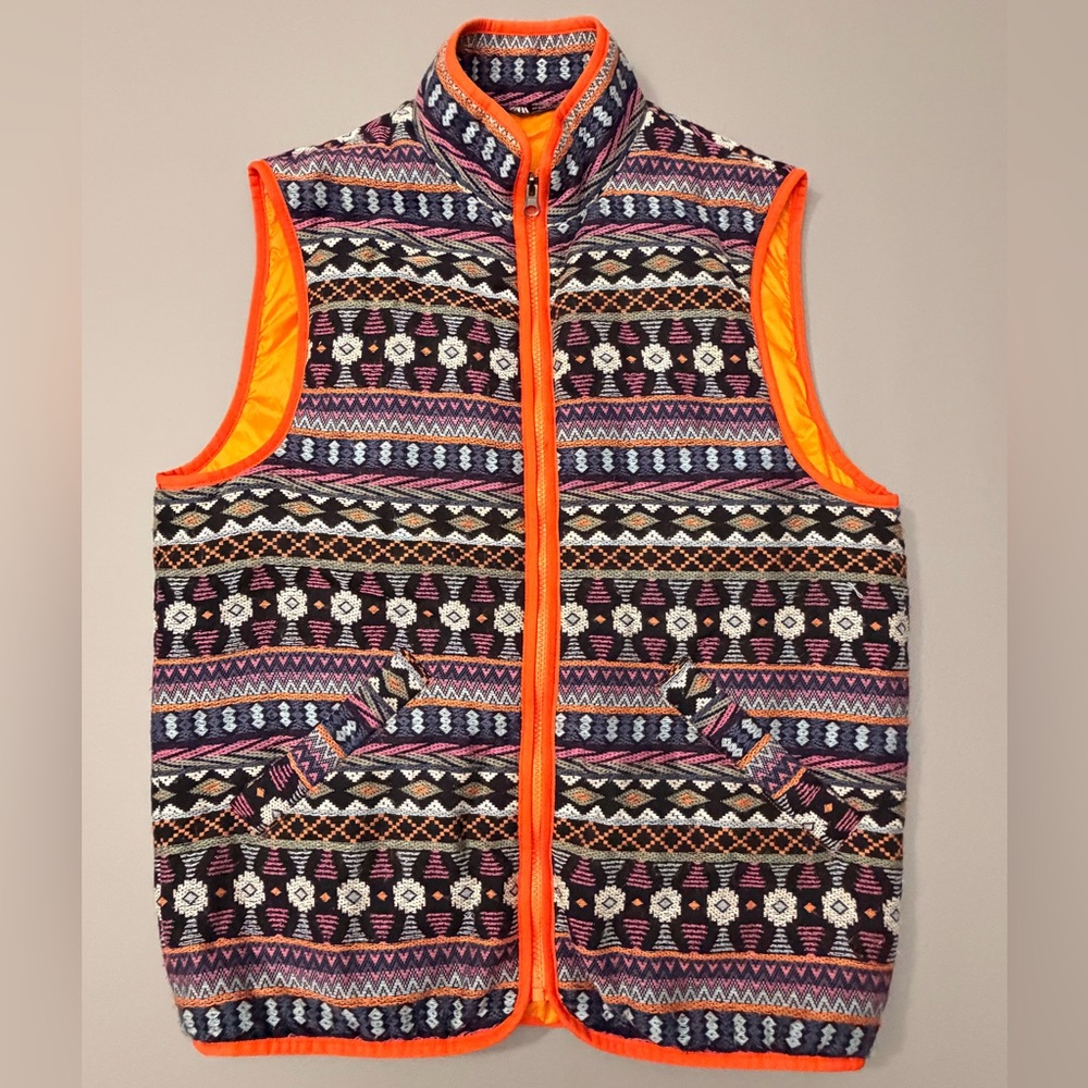 Zara Multicolor Patterned Vest with Orange Trim